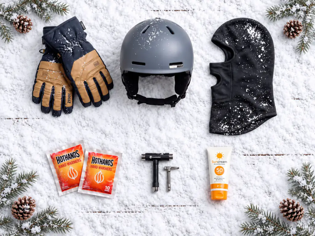 Ski gloves, helmet, balaclava, hand warmers, a T-handle tool, and sunscreen laid out on snow