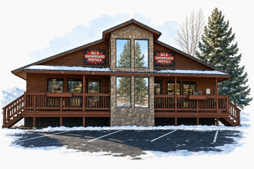 Illustration of the Angel Fire Ski & Ride rental shop, a wood-and-stone lodge with ski and snowboard rental signs