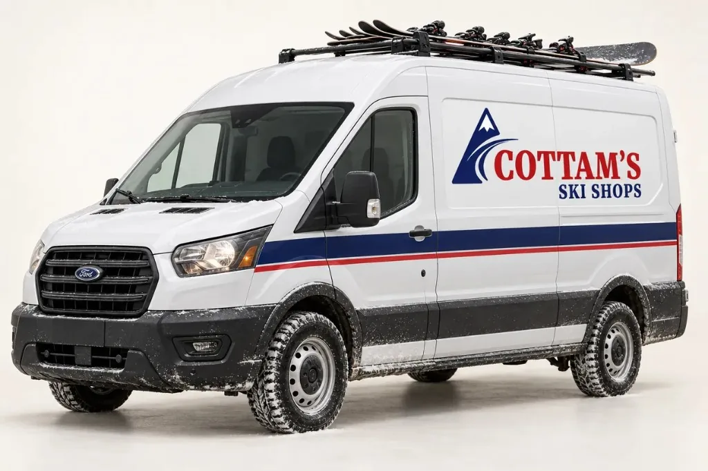 Concept of an Angel Fire Ski & Ride delivery van with navy and red stripes and skis and a snowboard on the roof rack