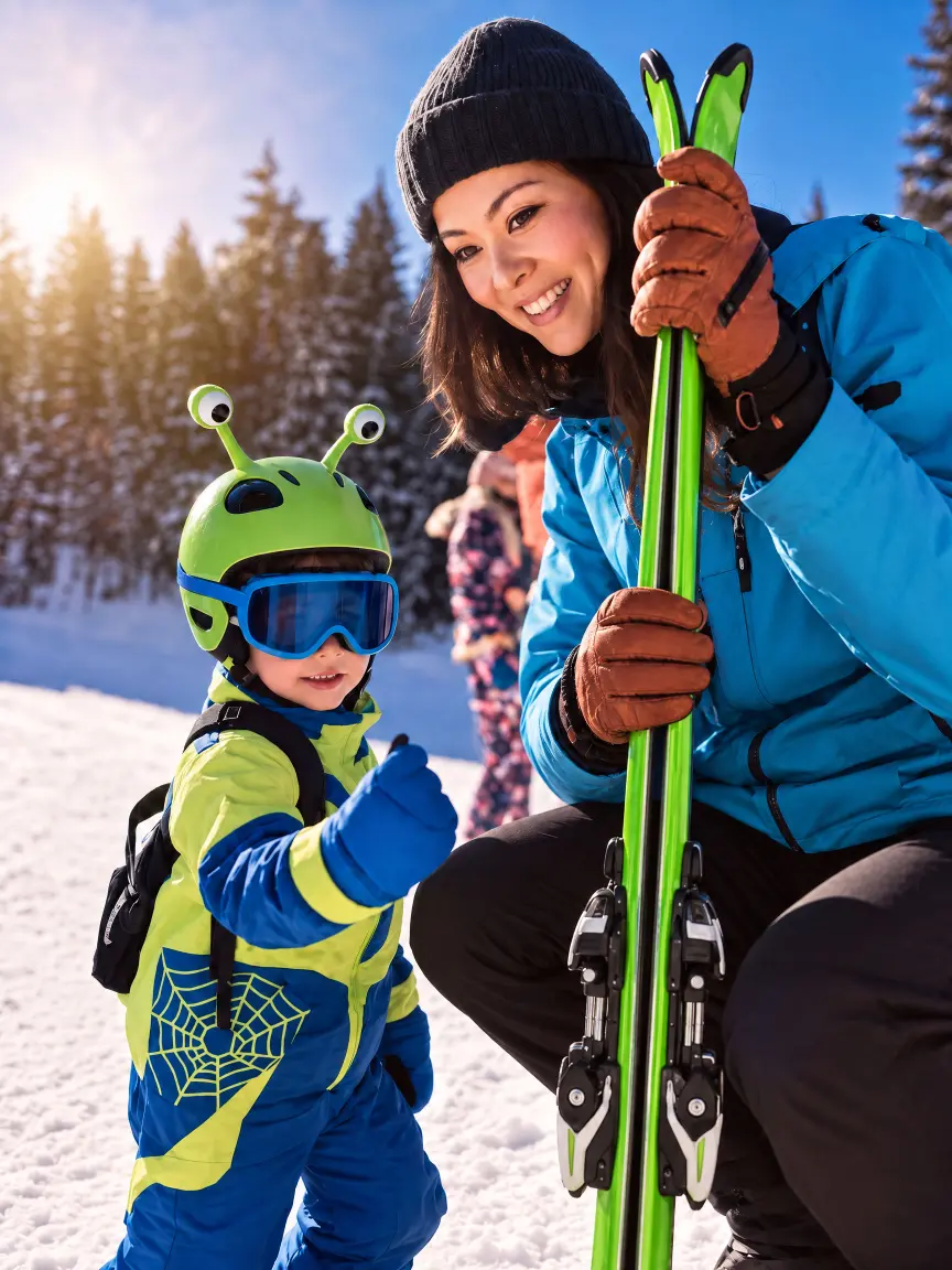 On the snow at Angel Fire Resort, a team member kneels beside a young skier in a green helmet, holding his skis before heading to the lifts.