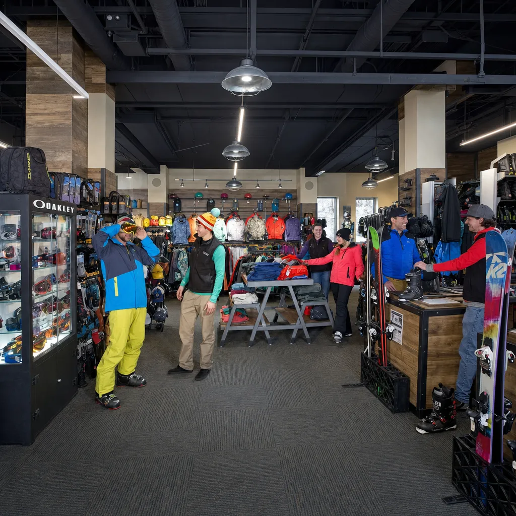 Staff and customers among goggles, outerwear, and skis on the Angel Fire Ski & Ride retail floor