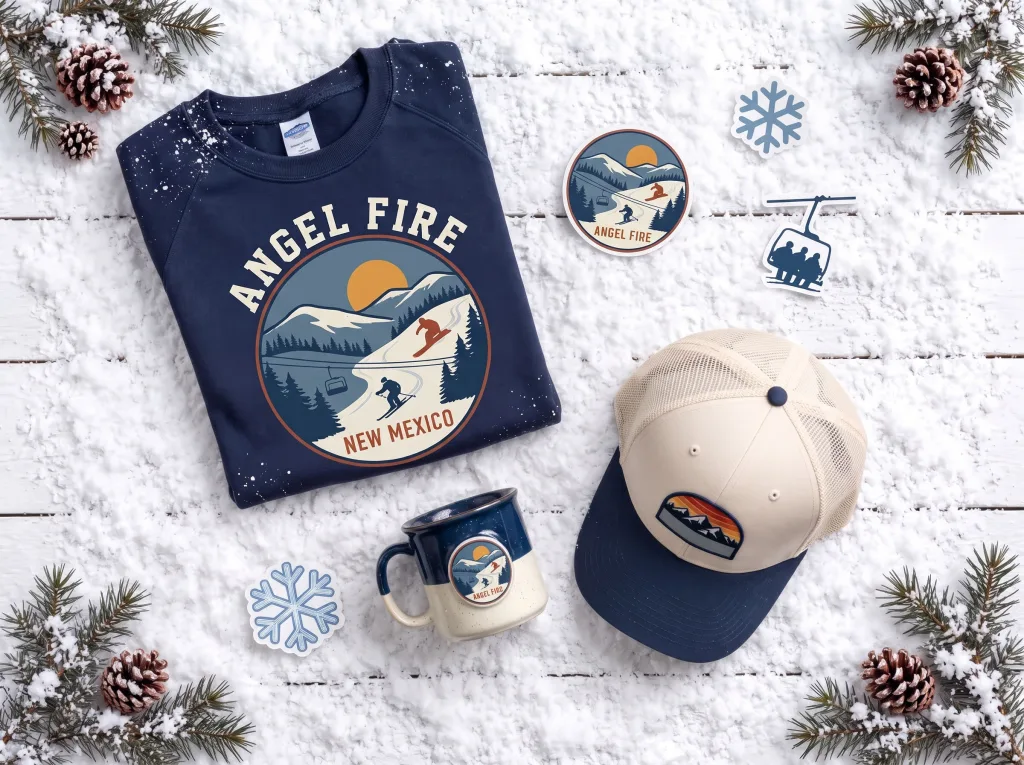 Navy Angel Fire, New Mexico sweatshirt with a mountain and chairlift graphic, a trucker cap, a camp mug, and stickers laid out on snow