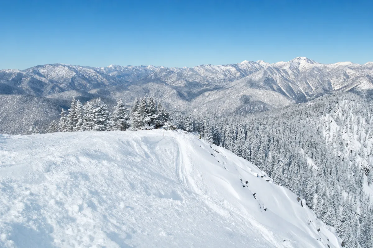 Snow-covered ridge and peaks under a clear blue sky in northern New Mexico